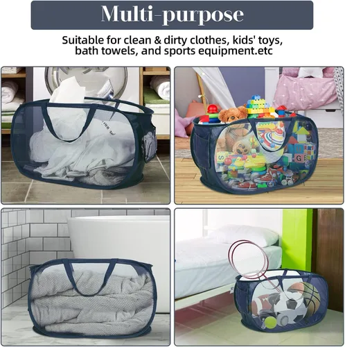 Miniatura 7 de Cestas de lavandería plegables duraderas, cesta de lavandería desplegable de malla con bolsillo lateral, cesta de ropa plegable con asas de 2 x azul