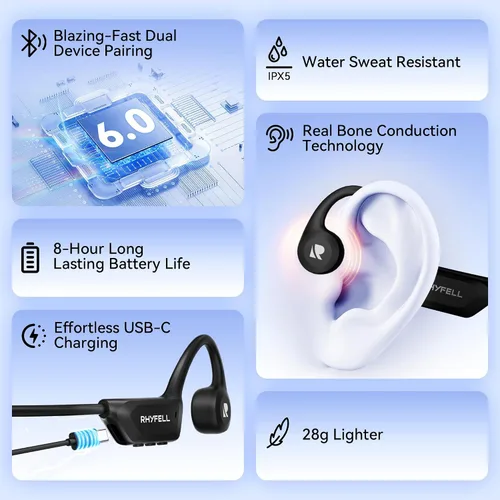 Miniatura 8 de Auriculares de conducción ósea de oreja abierta para entrenamientos más seguros, auriculares deportivos inalámbricos Bluetooth 6.0 con 8 horas