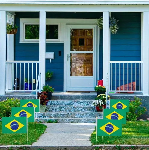 Miniatura 5 de Paquete de 12 banderas de Brasil en palos, pequeñas banderas de mano brasileñas para oficina, aula, vacaciones, decoración de fiestas