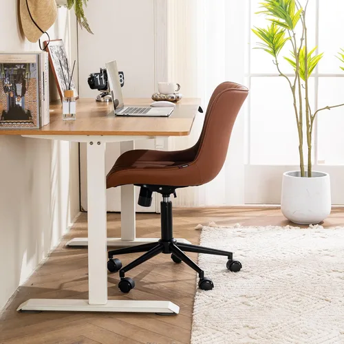 Miniatura 6 de YOUTASTE Silla de oficina marrón café, moderna silla de escritorio sin brazos con ruedas, ajustable, giratoria, mecedora, sillas de estudio