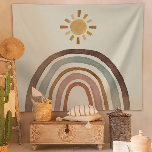 Miniatura 10 de SUOTEMEIFEI Tapiz de arte bohemio con plantas, tapiz retro con plantas, puesta de sol, paisaje, estético, abstracto, para pared, dormitorio, sala