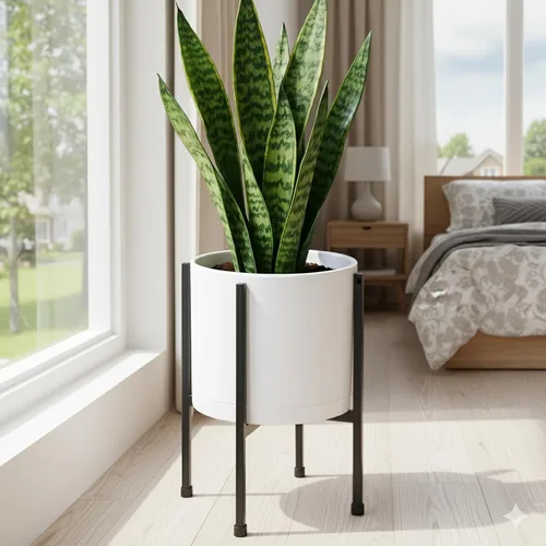 Miniatura 2 de D'vine Dev Maceta blanca de 8 pulgadas con soporte, moderna maceta cilíndrica de plástico con soporte de metal resistente para plantas