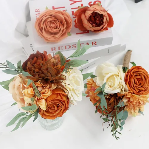 Miniatura 2 de Ramos de dama de honor para boda, juego de 6 ramos de flores artificiales para decoración de otoño, boda, propuesta de matrimonio, fiesta, Naranja