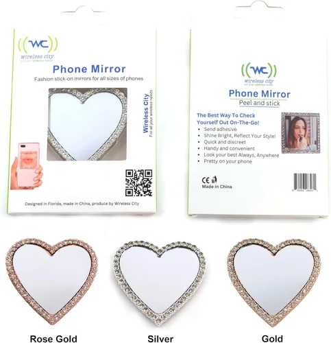 Miniatura 3 de Wireless City Espejo de teléfono con forma de corazón, espejo de maquillaje con diamantes de oro rosa con circonita cúbica, 2.2 in, ideal