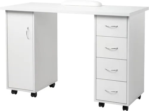 Miniatura 10 de Mesa de manicura con ruedas, estación de trabajo de salón de belleza moderna, mesa de arte de uñas con 4 cajones y gabinete grande para tecnología