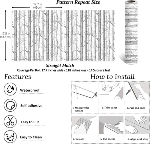 Miniatura 8 de VEELIKE Papel tapiz de abedul gris para despegar y pegar, papel tapiz minimalista de bosque de abedules para dormitorio, baño, paredes de acento