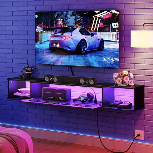 Miniatura 2 de HOOBRO Soporte de TV flotante con luz LED y toma de corriente para televisores de hasta 65 pulgadas, estante de TV montado en la pared, consola
