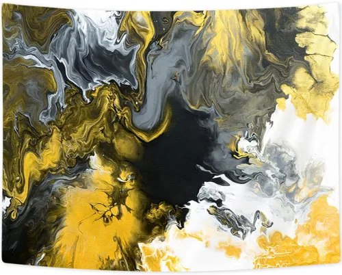 Miniatura 2 de Bzhilja Tapiz de mármol, arte abstracto de pared negro y dorado, tapiz vintage blanco, gris, amarillo, tapiz para colgar en la pared, psicodélico