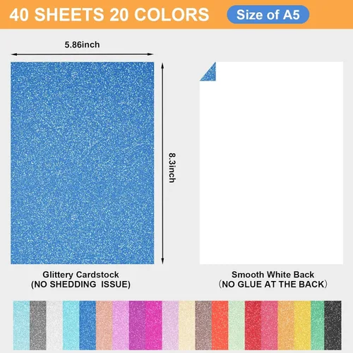 Miniatura 2 de 40 hojas de cartulina con purpurina de 20 colores, cartulina de papel BetyBedy Cricut, purpurina brillante sin desprendimiento, papel A5