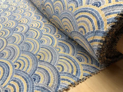 Miniatura 6 de Rainbow Fan Art Deco - Tela de damasco con abanico de pavo real, muebles, cortinas, material de tapicería, 55 pulgadas de ancho, azul y mostaza