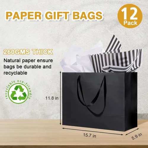 Miniatura 2 de Bolsas de regalo negras extragrandes de 15.7 pulgadas para regalos con papel de seda y asas de cinta para compras, pequeñas empresas, fiestas