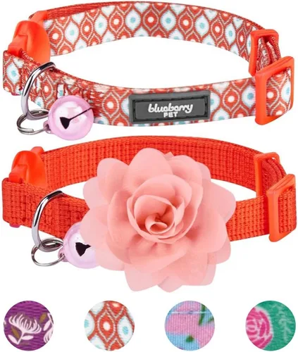 Miniatura 7 de Blueberry Pet Paquete de 2 collares de gato, The Flower Power Perfect Orange ajustable para gato con campana y flor desmontable, cuello de 9 a 13