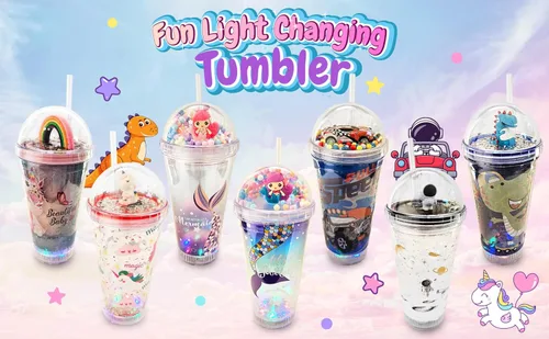Miniatura 5 de Vasos de fiesta brillantes para niños, vaso mágico con luz LED que brilla en la oscuridad, botella de agua de 16 onzas con tapas y popotes