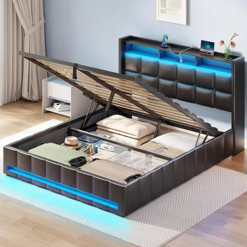 Miniatura 13 de Rolanstar Marco de cama tamaño completo con almacenamiento elevable, estación de carga y luces LED, cabecera tapizada con almacenamiento, listones