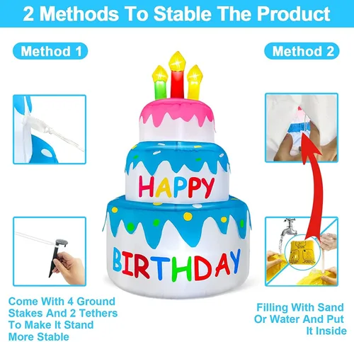 Miniatura 5 de Decoraciones inflables de pastel de cumpleaños feliz de 4 pies para exteriores con luces, decoración hinchable de fiesta de cumpleaños de días
