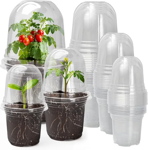 Miniatura 8 de MIXC Macetas para vivero con cúpula de humedad, maceta de plástico transparente suave de 4 pulgadas, macetas para plantar, macetas pequeñas bandejas