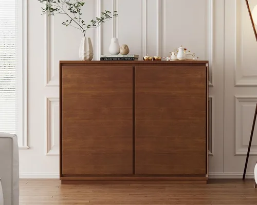 LKTART Aparador de buffet moderno de mediados de siglo, aparador estrecho de nogal, armario de almacenamiento de madera Credenza con 2 puertas para