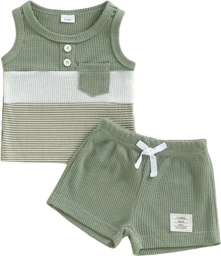 Miniatura 34 de Ropa de bebé niño sin mangas + pantalones cortos con estampado a rayas con bolsillos, 2 piezas de trajes de verano