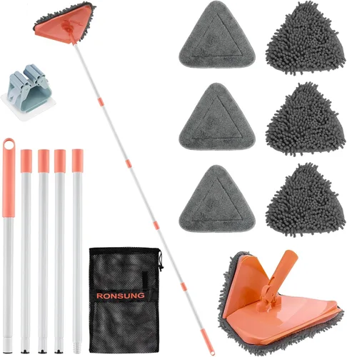 Miniatura 11 de Trapeador Triangular Limpiador de Paredes con Mango Largo de 82'' - Cepillo Limpiador de Paredes, Herramienta de Limpieza con 4 Almohadillas de Verde