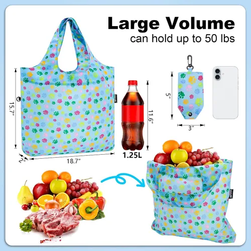 Miniatura 3 de HOLYLUCK Bolsas de comestibles reutilizables, bolsa de compras plegable resistente (estándar, 3 huellas de patas de perro azules)