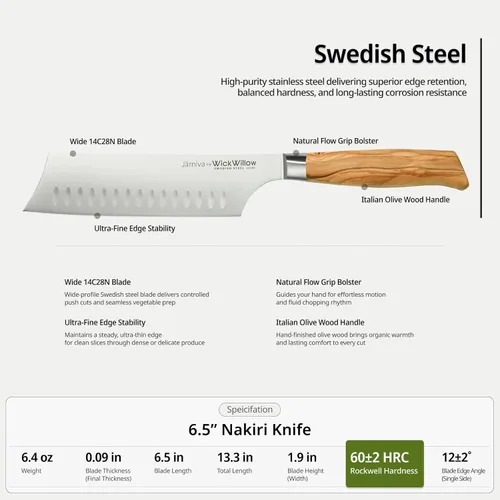 Miniatura 4 de WICKWILLOW Cuchillo Nakiri de 6.5 pulgadas, acero sueco 14C28N con mango de madera de olivo italiano, cuchillo para verduras para cocinar a base