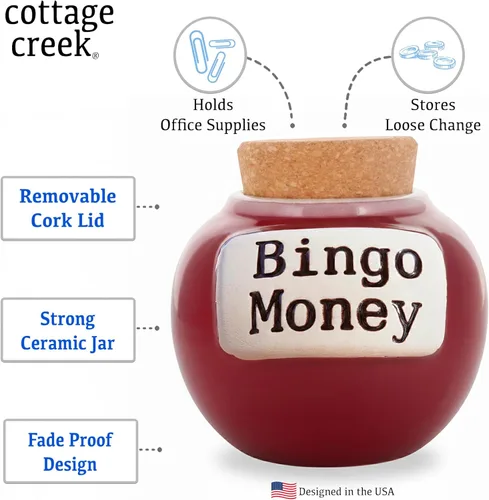 Miniatura 2 de Cottage Creek Tarro de dinero de bingo, alcancía de cerámica roja de 6 pulgadas para adultos, divertido tarro de monedas y accesorios de bingo