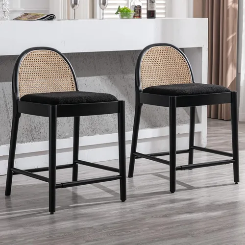 Miniatura 19 de DUOMAY Juego de 2 taburetes de mostrador modernos de ratán beige, 26 pulgadas de altura - Taburetes de bar de madera tapizados en lino con respaldo