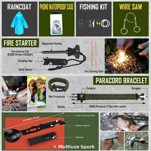Miniatura 7 de Juego de supervivencia, 268 piezas, equipo y suministros de emergencia de supervivencia con kit de primeros auxilios, hacha de campamento, linterna