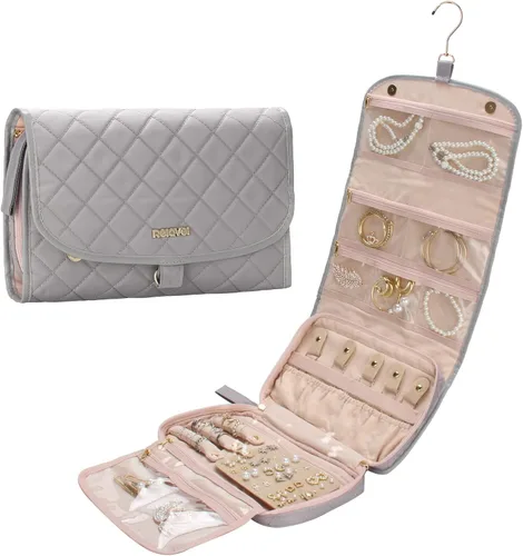 Rollo organizador de joyas de viaje con bolsillos con cremallera, bolsa grande para colgar joyas para anillos, aretes, collares, pulseras, broches,