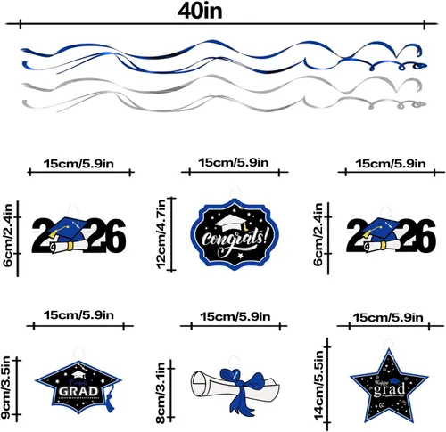 Miniatura 3 de LINGTEER Congrats Grad, Class of 2026 Swirls Streamers – 12 piezas para la escuela/hogar 2026 decoración de graduación espirales de graduación – Azul
