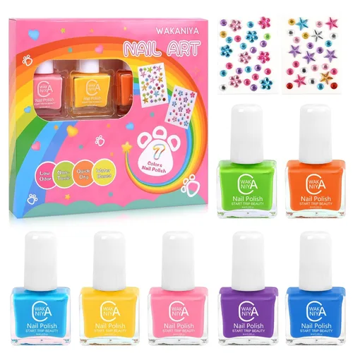 Miniatura 8 de wakaniya Juego de esmaltes de uñas no tóxicos para niñas con calcomanías de uñas de gemas, 7 colores despegables de bajo olor para niños pequeños 7