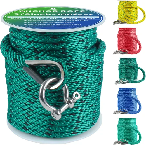 Miniatura 58 de Cuerda de anclaje premium de 100 pies x 3/8 pulgadas, cuerda marina de línea de anclaje MFP trenzada sólida con dedal y grillete, color negro