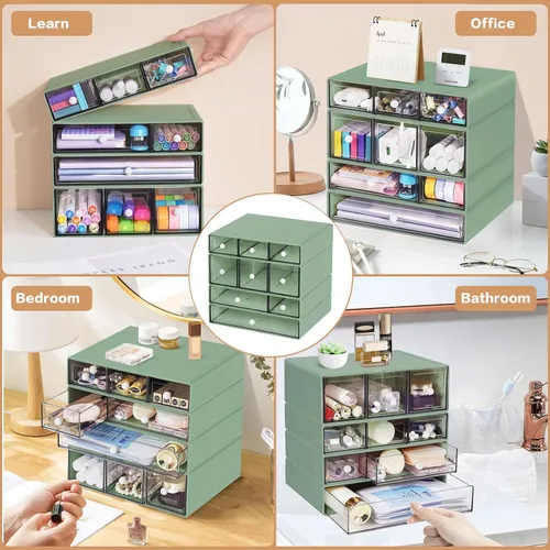 Miniatura 7 de Organizador de escritorio con 9 cajones, cajones de almacenamiento para manualidades de escritorio apilables de 4 niveles, caja de almacenamiento