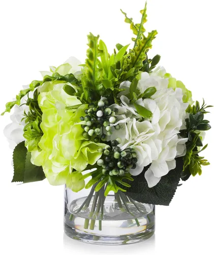ENOVA FLORAL Flores de hortensias de seda con jarrón, arreglos florales de hortensias artificiales en jarrón, flores falsas de hortensias con jarrón