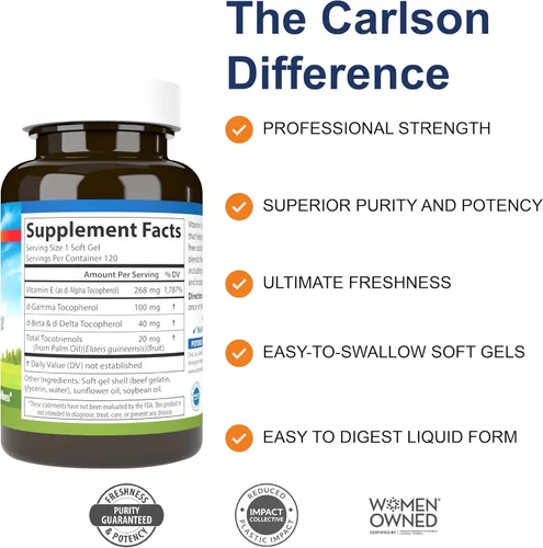 Miniatura 2 de Carlson - E-Gems Elite, 400 UI (268 mg) de vitamina E con tocoferoles y tocotrienoles, fuente natural, cápsulas de vitamina E, salud cardíaca