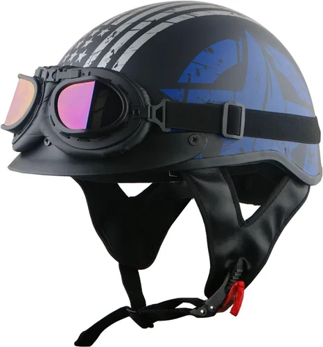 1Storm Casco de media cara para motocicleta, ciclomotor, scooter, piloto con visera ahumada interior retráctil, bandera azul + paquete de gafas