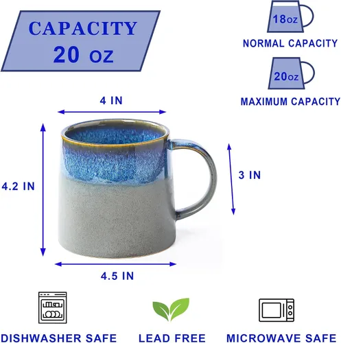 Miniatura 2 de Tazas grandes de cerámica para café, 20 onzas, vasijas de cerámica hechas a mano con asa para oficina y hogar, aptas para lavavajillas y microondas