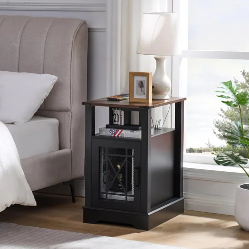 Miniatura 7 de Mesa auxiliar con estación de carga, mesita de noche de granja para sala de estar, mesita de noche negra para muebles de dormitorio, armario