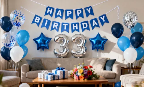 Decoración de fiesta de cumpleaños número 33, color azul y plateado para hombres, pancarta de feliz cumpleaños número 33, globos de papel de 33rd