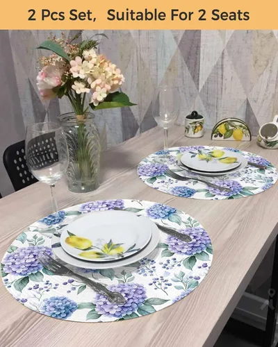 Miniatura 5 de Juego de 2 manteles individuales para mesa de comedor, flores de hortensias moradas, hojas de acuarela, 15 pulgadas, decorativos, redondos