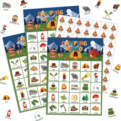 Shappy 35 tarjetas de juego de bingo para acampar con 24 jugadores, juegos de aventura y fiesta, bosque, selva, tarjetas de bingo para actividades