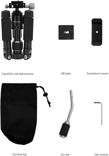 Miniatura 4 de Trípode de 50 V de perfil bajo para cámara y iPhone, trípode compacto de mesa y viaje con mango de aluminio, compatible con teléfonos inteligentes