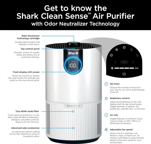 Miniatura 10 de Purificador de aire Shark HP132 Clean Sense con tecnología neutralizadora de olores, filtro HEPA, 500 pies cuadrados, habitación pequeña