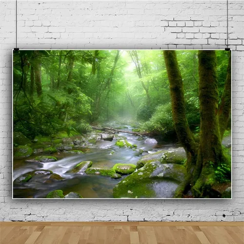 Miniatura 3 de Telón de fondo de fotografía de bosque pacífico de 5 x 3 pies para exteriores, rústico, decoración con temática de viajes, piedras, arroyo, árboles