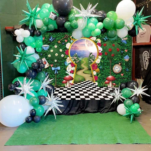 Miniatura 5 de Telón de fondo para fotografía del país de las maravillas de 7 x 5 pies, decoración de fiesta de té, cuento de hadas, castillo, conejo, hoja verde