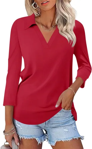 Miniatura 9 de TICTICMISS - Camisas polo de cuello en V para mujer, manga 3/4, con cuello, tops casuales de negocios, tops de verano a la moda, holgados