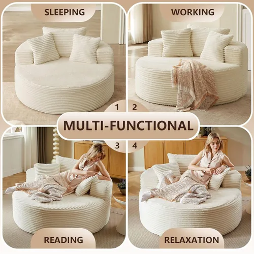 Miniatura 5 de Silla redonda de gran tamaño de 55 pulgadas, tumbona para interiores, silla circular grande sin hueso con pana de felpa, no requiere montaje, sofá