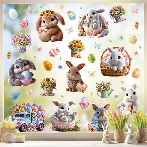 Miniatura 9 de WALPLUS Decoración de primavera para ventana de conejito de Pascua, decoración de primavera, de verano, reutilizable, para despegar y pegar
