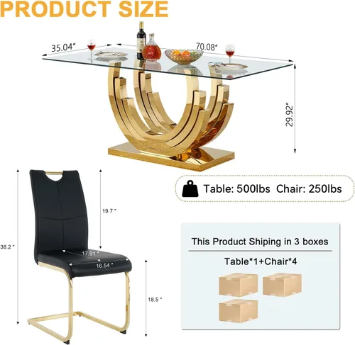 Miniatura 3 de Juego de mesa de comedor de cristal dorado moderno de 70 pulgadas para 4, juego de mesa rectangular de 5 piezas con base de acero en forma de anillo