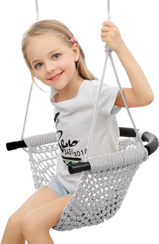 Asiento de columpio para niños pequeños tejido a mano para niños con cuerdas ajustables, juego de columpios Little Tikes, para interiores y Gris